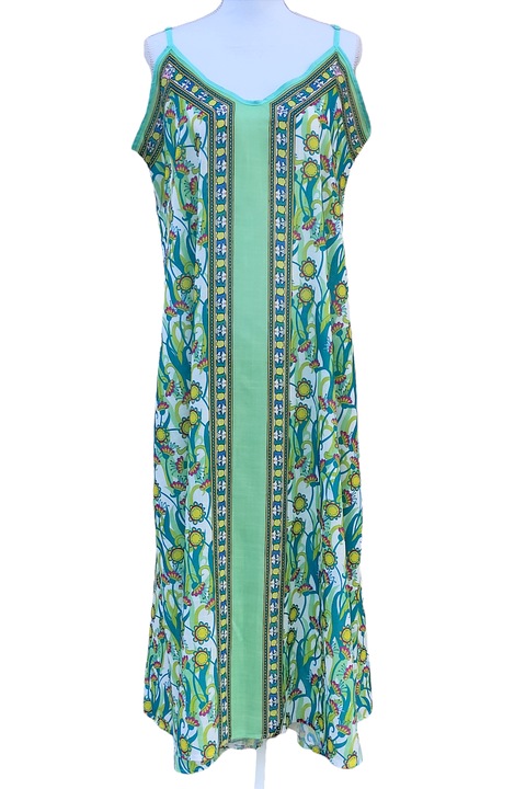 Rochie lunga de vara din vascoza si bumbac, cu bretelute, cu imprimeu floral verde galben, talie unica