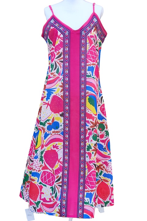 Rochie lunga de vara cu bretelute, din vascoza si bumbac, cu imprimeu multicolor cu frunze si fructe, talie unica