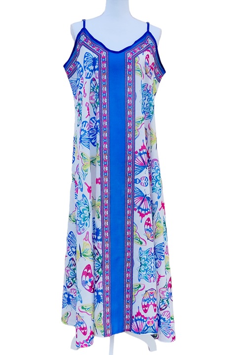 Rochie lunga de vara cu bretelute, din vascoza si bumbac, imprimeu cu fluturasi multicolori pe fond alb, talie unica