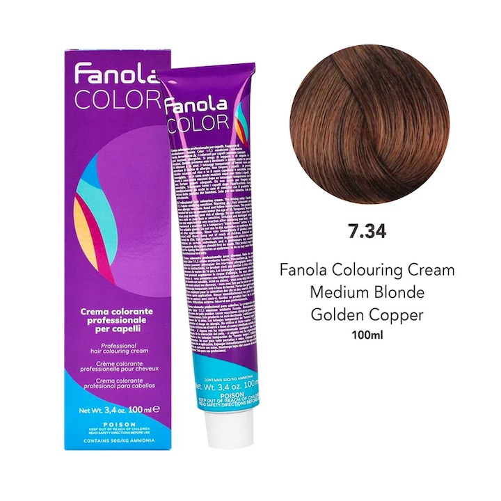 Vopsea de Par Tehnica Permanenta - Fanola Color Cream 7.34 Blond Auriu ...