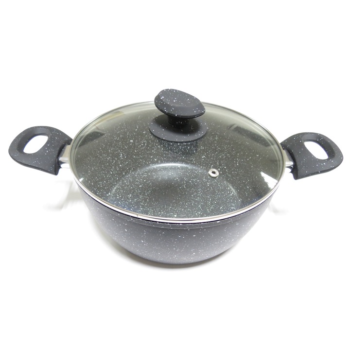 Teflon bevonatú alumínium fazék üvegtetővel, fekete, 24 cm