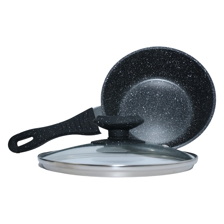 Alumínium serpenyő teflonnal, üveg fedővel, Fekete, 18 cm