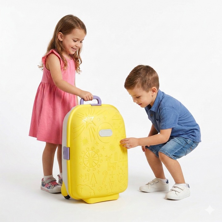 Troler pentru Copii cu Maner Extensibil RollyON UniqViBE® 43 CM, Roti Silentioase, Inchidere cu 3 Clapete, Carcasa Rezistenta la Socuri, Curele de Fixare, Impermeabil, Buzunar Interior, Capacitate Mare, Design Ergonomic, Yellow