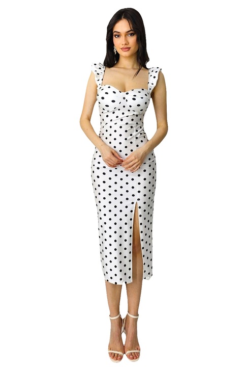 Ditsy bodycon ruha, mély hasított és pöttyös mintás, fehér, Univerzális S/M méret