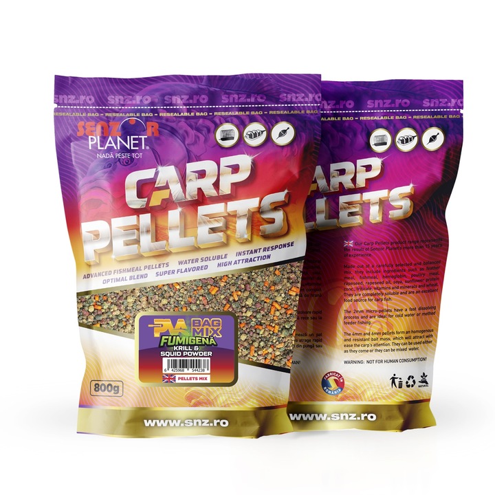 Pelete pentru PVA BAG, MIX FUMIGENA, Senzor Planet, Krill & Squid Powder, 800g