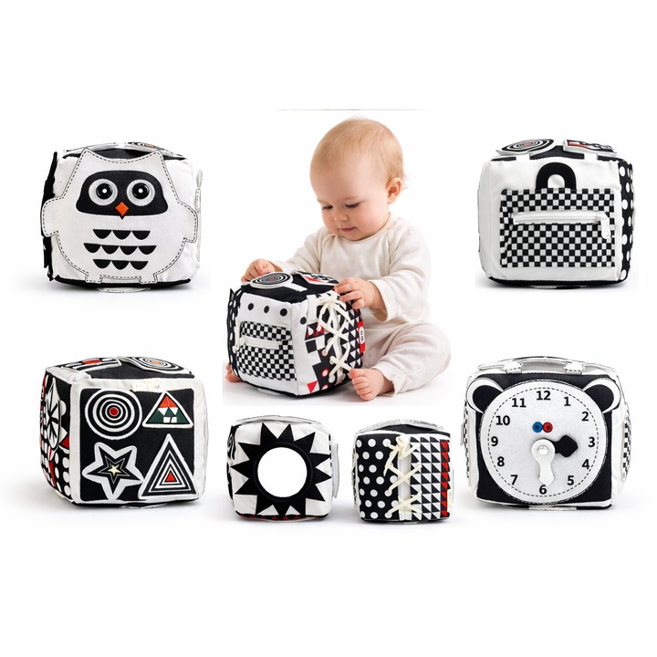 Cub Educativ si Senzorial, cu 6 Fete, FunBusyCube, Pentru Dezvoltare Senzoriala si Vizuala a Bebelusilor, Culori Contrastante, Dimensiuni Adecvate, Texturi Tactile Diferite