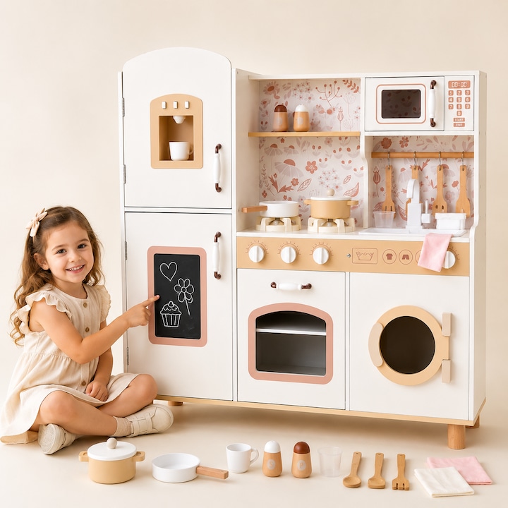 Set Bucatarie cu Accesorii pentru Copii din Lemn Natural, Vintage Floral KinderVibe™, Arzatoare cu Baterii, Cuptor, Chiuveta functionala, Masina de Spalat Rufe, Instrumente pentru Gatit, 90 CM Inaltime, Creamy