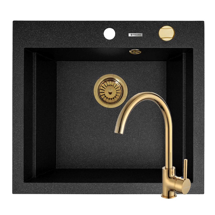 Set chiuveta granit Pyramis SIROS Black si baterie ECO BELLO, dimensiune 570x515mm, adancime 200mm, 3 variante de montare, cuva in 2 trepte, valva automata si baterie PVD, finisaj gold