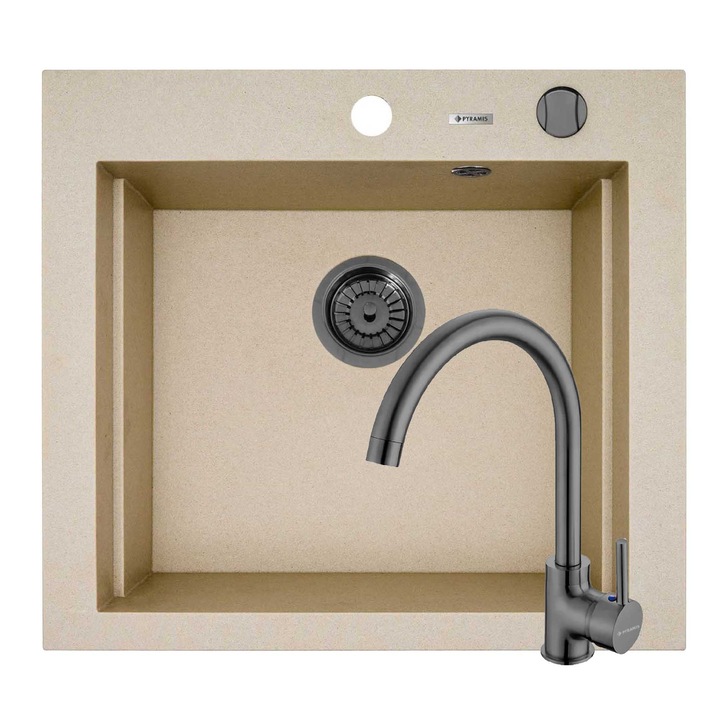 Set chiuveta granit Pyramis SIROS Beige si baterie ECO BELLO, dimensiune 570x515mm, adancime 200mm, 3 variante de montare, cuva in 2 trepte, valva automata si baterie PVD, finisaj gun metal