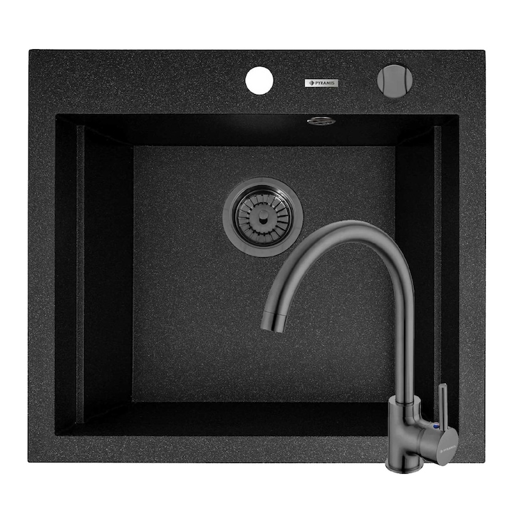 Set chiuveta granit Pyramis SIROS Black si baterie ECO BELLO, dimensiune 570x515mm, adancime 200mm, 3 variante de montare, cuva in 2 trepte, valva automata si baterie PVD, finisaj gun metal