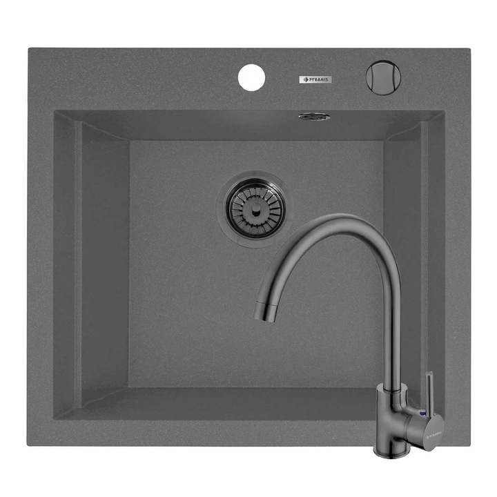 Set chiuveta granit Pyramis SIROS Grey si baterie ECO BELLO, dimensiune 570x515mm, adancime 200mm, 3 variante de montare, cuva in 2 trepte, valva automata si baterie PVD, finisaj gun metal