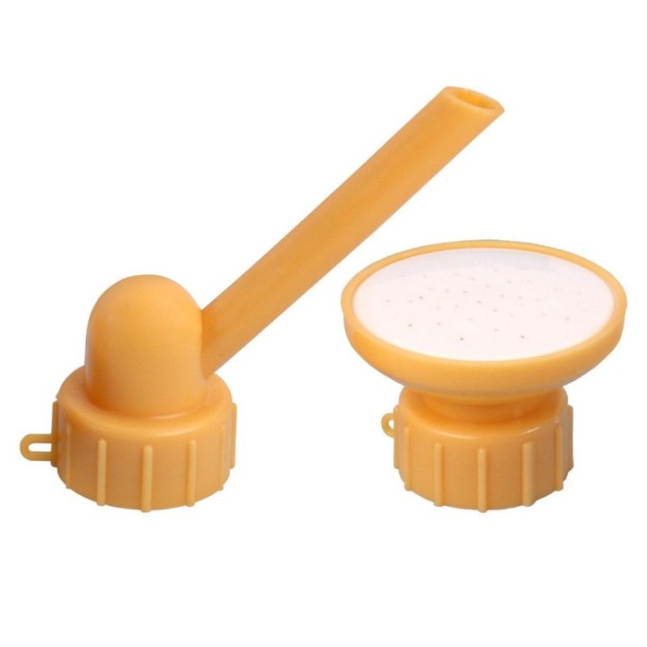 Set de irigare pentru flori eMazing - format din 2 capace pentru sticla, stropitoare si teava, portabil, usor de folosit, reutilizabil, dimensiuni 8 x 7.5 cm, culoare galbena