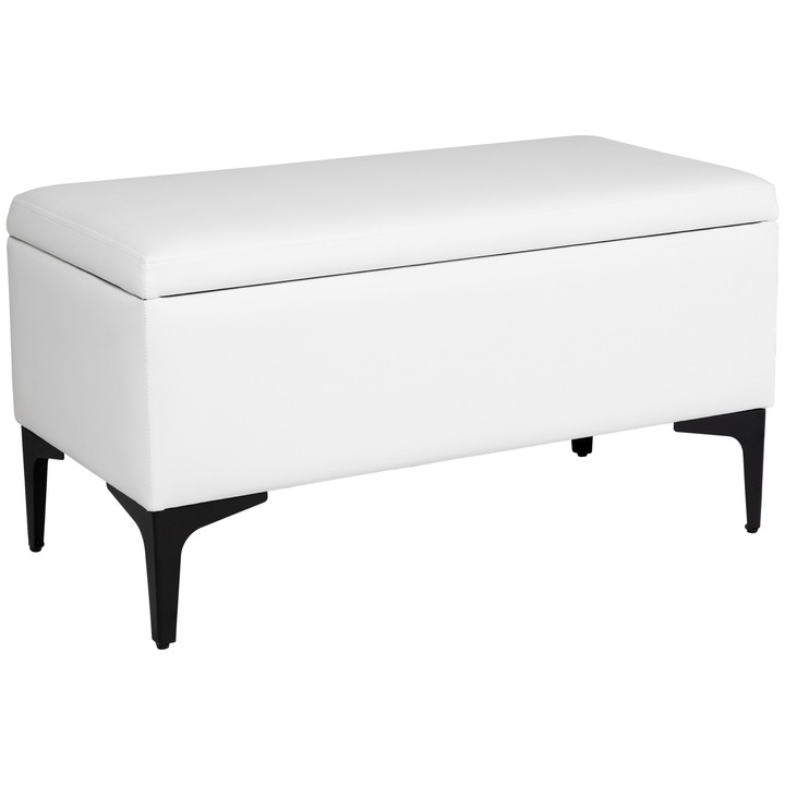 Bancheta cu spatiu de depozitare Canetti BL, Lordly, 81x42 cm, Alb, Piele ecologica