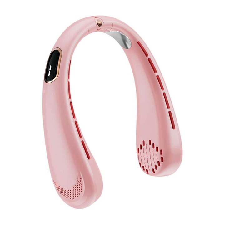 Ventilator Portabil pentru Gat, OPTIM SOLUTION, 5 Trepte de Viteza, High Wind Speed, Design Tip Casti, Ultra-Silentios, Fara Palete, Cooling Tech, Motor Puternic, Reincarcabil prin Mini-USB, Roz