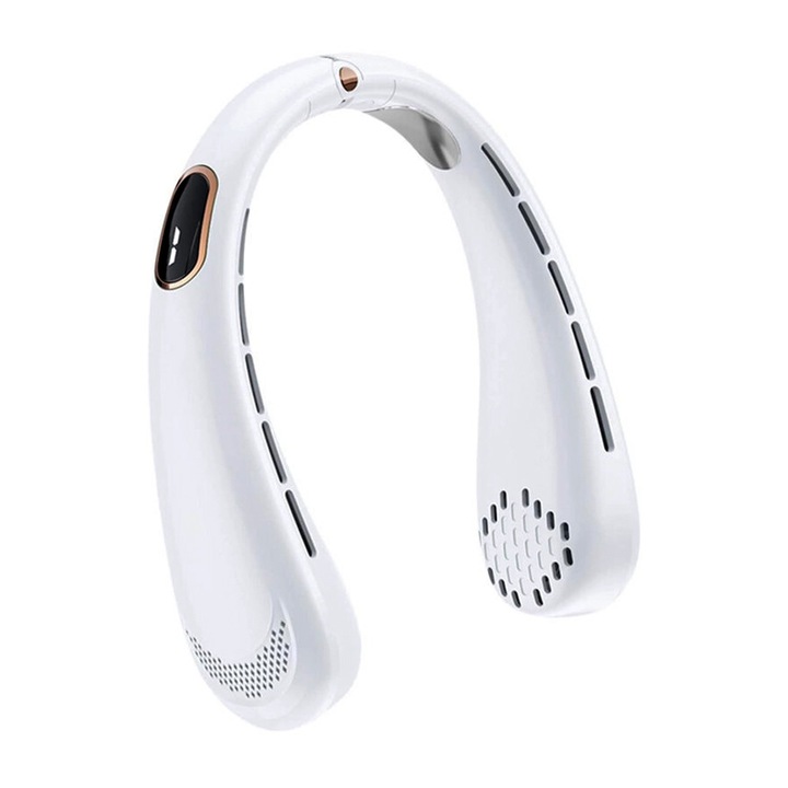 Ventilator Portabil pentru Gat, OPTIM SOLUTION, 5 Trepte de Viteza, High Wind Speed, Design Tip Casti, Ultra-Silentios, Fara Palete, Cooling Tech, Motor Puternic, Reincarcabil prin Mini-USB, Alb