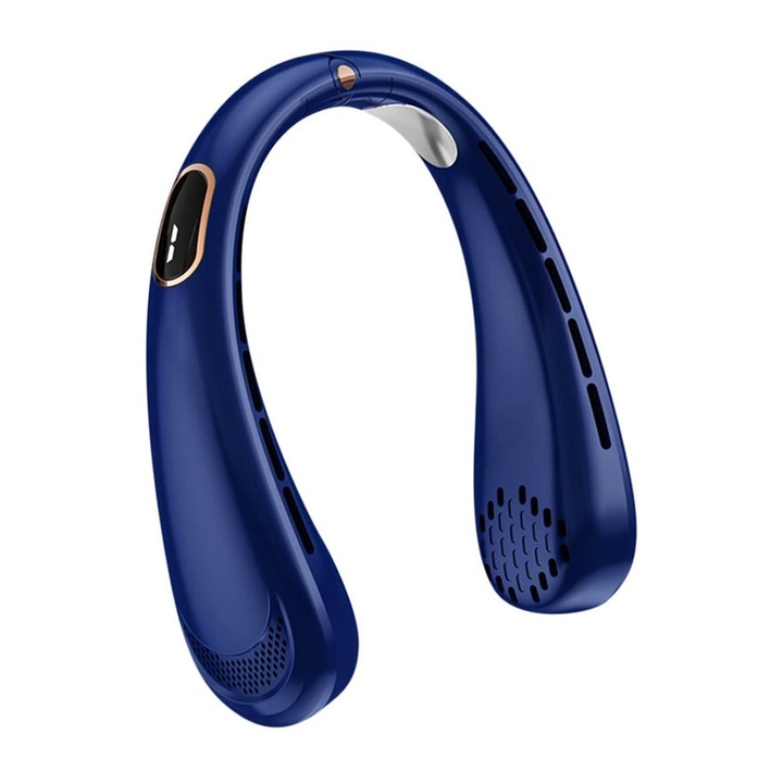 Hordozható nyakventilátor, Optim Solution, 5 sebességfokozat, nagy szélsebesség, fejhallgató kialakítás, rendkívül csendes, lapát nélküli, hűtéstechnika, nagy teljesítményű motor, újratölthető Mini-USB-n keresztül, kék