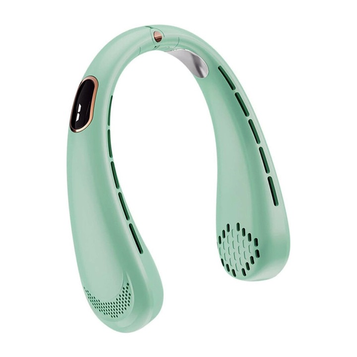 Ventilator Portabil pentru Gat, OPTIM SOLUTION, 5 Trepte de Viteza, High Wind Speed, Design Tip Casti, Ultra-Silentios, Fara Palete, Cooling Tech, Motor Puternic, Reincarcabil prin Mini-USB, Verde