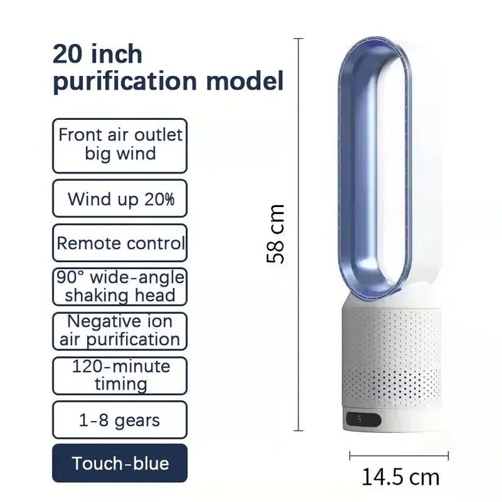 Ventilator electric, 8 trepte, paleta rotativa, telecomanda, priza UE, albastru