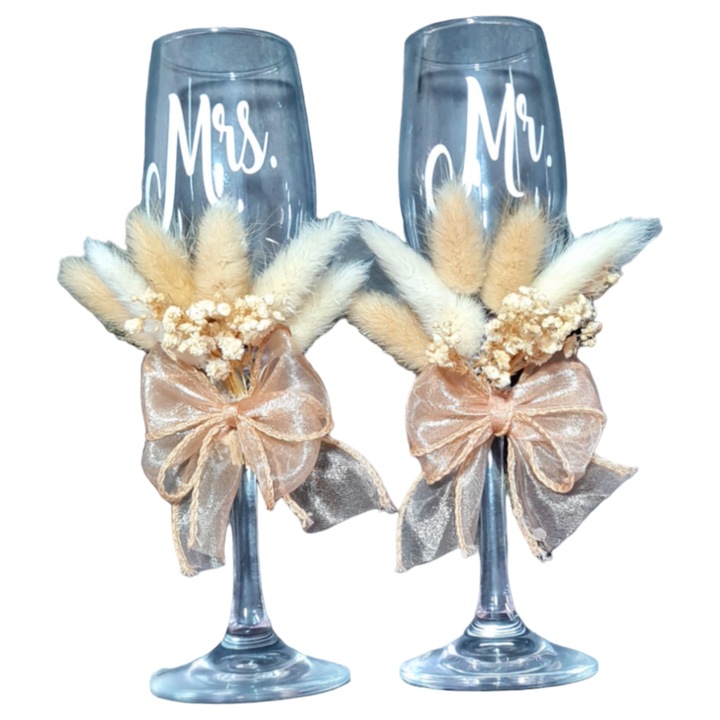 Set 2 pahare nunta, miri, nasi, personalizate cu flori naturale uscate si fundita