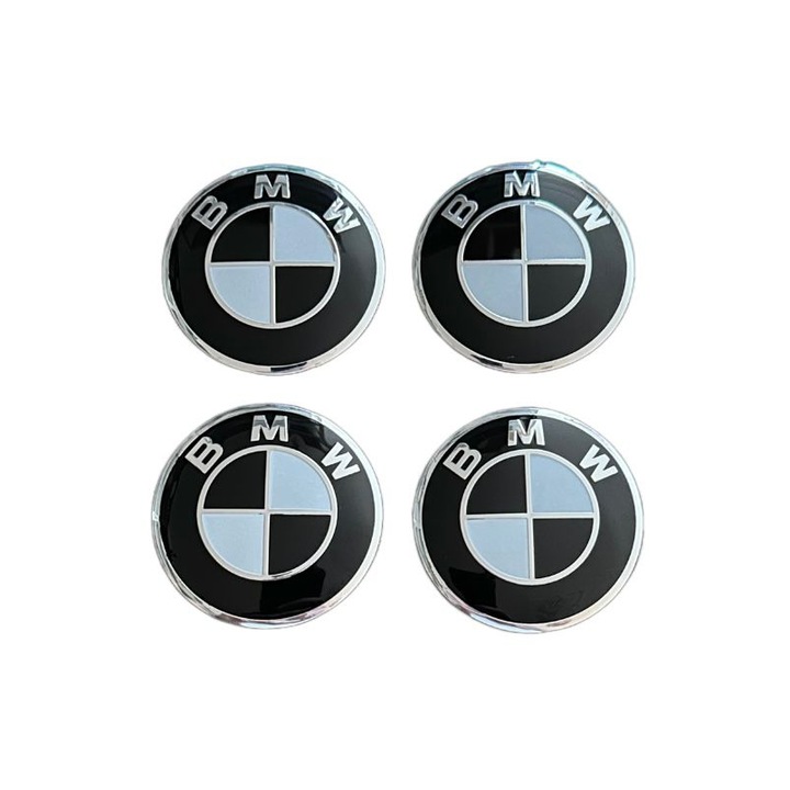Set 4 embleme stickere abtibild BMW negru alb din tabla (aluminiu) autoadezive 56mm pentru capace roti