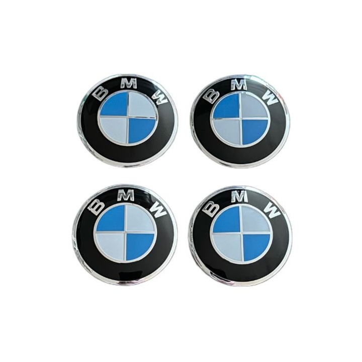 4 db fehér kék BMW matrica embléma készlet ón (alumínium) öntapadós 56mm kerékburkolatokhoz