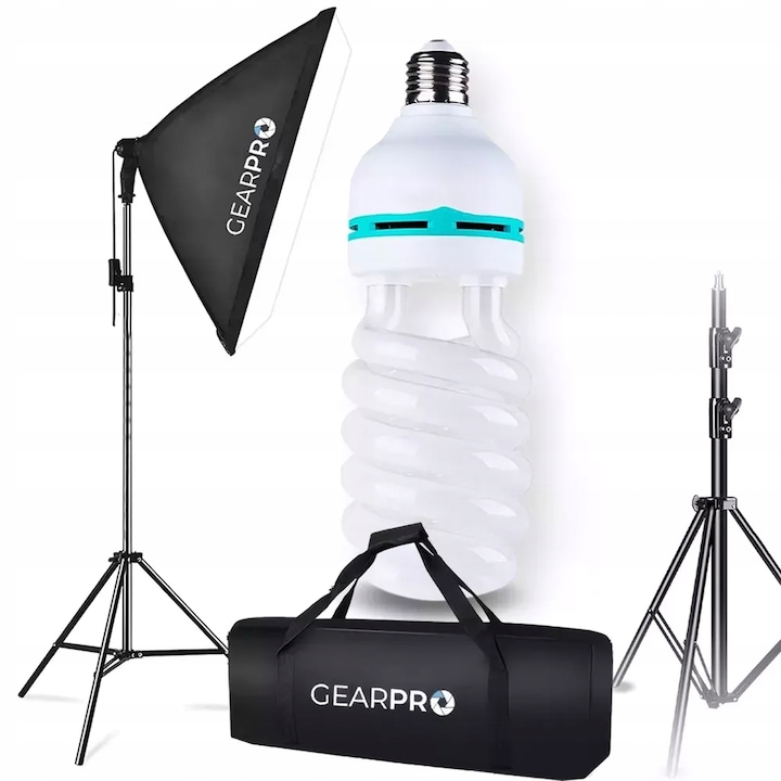 Szett stúdióba Softbox 50x70 cm, GearPro, 150 W-os izzó, táskával, semleges fény, 5500K, E27, fekete