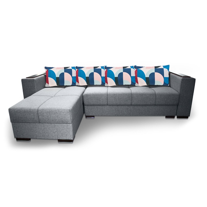 Coltar extensibil Solis, cu lada depozitare, 261 x 170 x 72 cm, Stofa, Gri