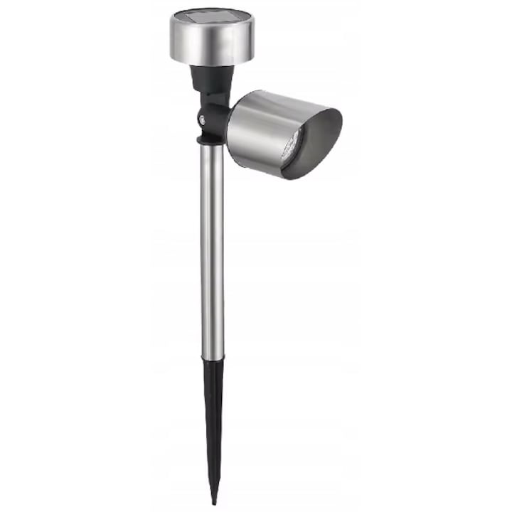 Lampa solara, gradina, LED, stalp, incorporat, argintiu, varf de lance, culoare lumina rece, rezistenta IP44, panou solar, protectie impotriva conditiilor meteorologice