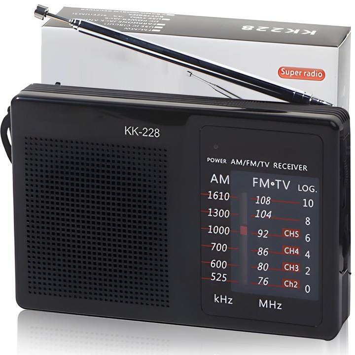 Retoo KK-228 hordozható rádió 3,5 mm-es AUX csatlakozóval és teleszkópos antennával, FM/AM, 11,5x3x7,5 cm, fekete