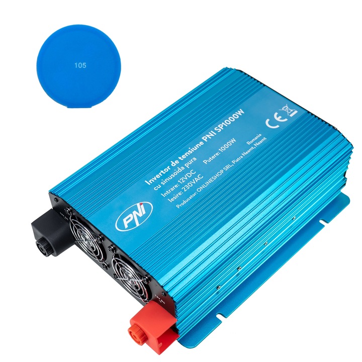 Invertor de tensiune PNI SP1000W cu sinusoida pura, alimentare 12V si sticky Pad Blue inclus