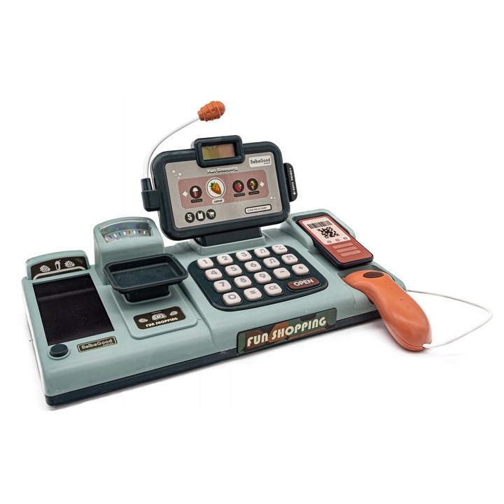 Casa de marcat Matadi Fun Shopping Blue cu 25 accesorii, microfon, calculator functional incorporat, cantar, alimente si cititor de carduri