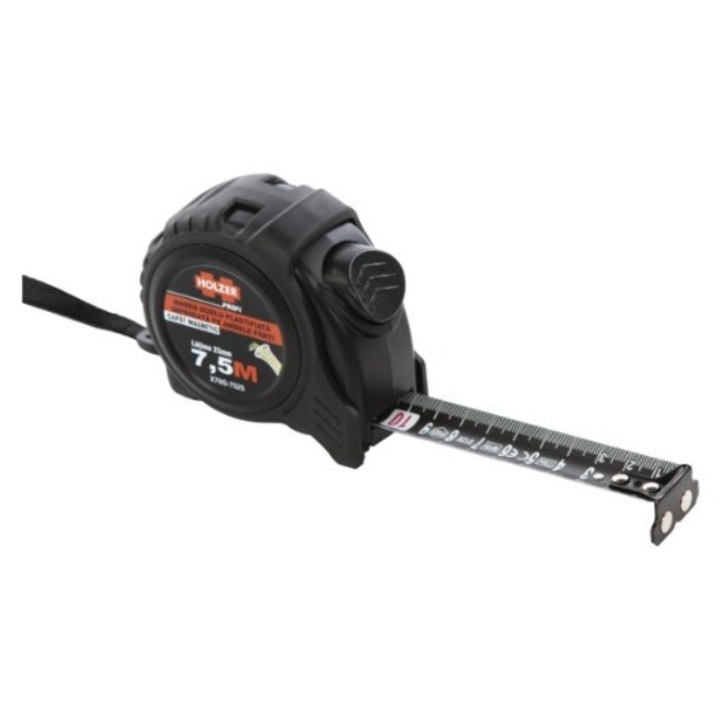 Ruleta cu banda metalica, cu magnet, cu blocare, cu agatatoare, Holzer Profi X76G-7525, 7.5 m