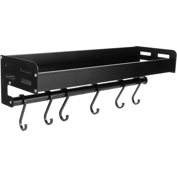 Raft organizator pentru bucatarie, de perete, cu bara si carlige, pentru ustensile/ condimente, 40 cm, Negru