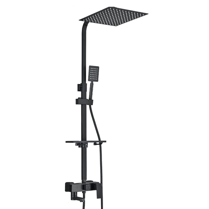 Coloana dus, cu 3 functii curgere apa, cu baterie cada si dus, din Alama, para dus 25x25 cm, negru mat, Rain Drop de la Robinetul Meu