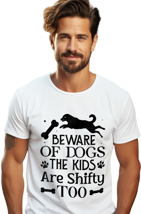 Tricou Barbati cu un caine si cateva oase cu mesajul "Atentie la caini. Si copiii sunt vicleni" cu imprimeu pe Fata, 100% Bumbac, Alb, XL