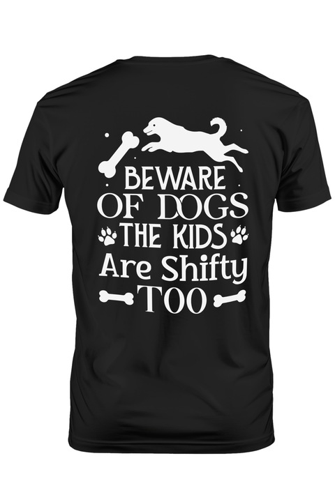 Tricou Barbati cu un caine si cateva oase cu mesajul "Atentie la caini. Si copiii sunt vicleni" cu imprimeu pe Spate, 100% Bumbac, Negru, XS