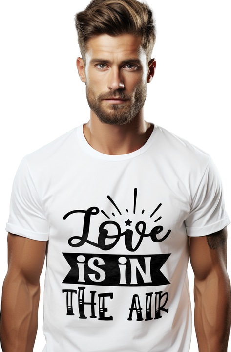 Tricou Barbati cu textul "Love is in the air" - iubirea este in aer cu imprimeu pe Fata, 100% Bumbac, Alb, XS