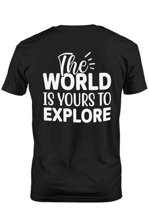 Мъжка тениска с надпис "The world is yours to explore" - светът е ваш за изследване с щампа на гърба, 100% памук, черен, M