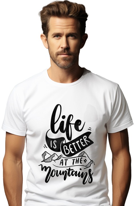 Мъжка тениска с надпис "Life is better in the mountains" с щампа на лицето, 100% памук, бяла, L