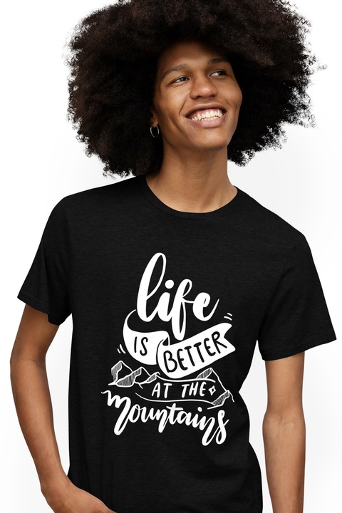 Tricou Barbati cu textul "Viata este mai buna in munti" cu imprimeu pe Fata, 100% Bumbac, Negru, XS