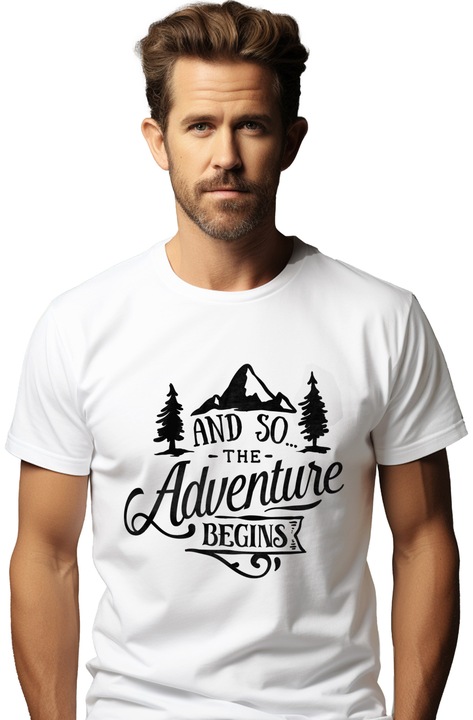 Tricou Barbati cu munti si brazi pentru iubitorii de aventura cu mesajul "And so... the adventure begins" cu imprimeu pe Fata, 100% Bumbac, Alb, L