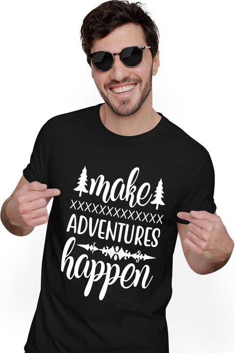 Tricou Barbati cu brazi si mesajul "Make adventures happen" - fa aventurile sa se intample cu imprimeu pe Fata, 100% Bumbac, Negru, M