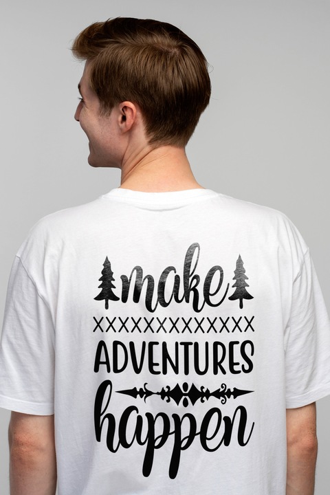 Tricou Barbati cu brazi si mesajul "Make adventures happen" - fa aventurile sa se intample cu imprimeu pe Spate, 100% Bumbac, Alb, S