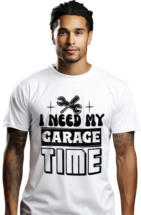 Tricou Barbati cu o surubelnita si o cheie cu mesajul "Am nevoie de timpul meu in garaj" cu imprimeu pe Fata, 100% Bumbac, Alb, XS