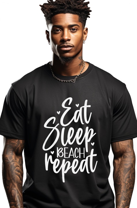 Мъжка тениска със сърца и надпис "Eat sleep, beach, repeat" - яж, спи, плажувай, повтори с щампа на лицето, 100% памук, черен, M