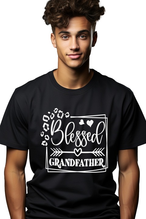 Tricou Barbati pentru un bunic binecuvantat cu textul in engleza "Blessed grandfather" - inimioare cu imprimeu pe Fata, 100% Bumbac, Negru, XS