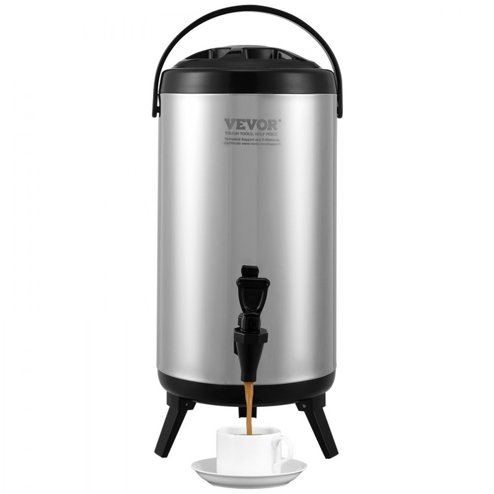 Termos de Cafea cu Robinet, Portabil, Capacitate 9 Litri, 240 x 475 mm, Otel Inoxidabil, Gri si Negru