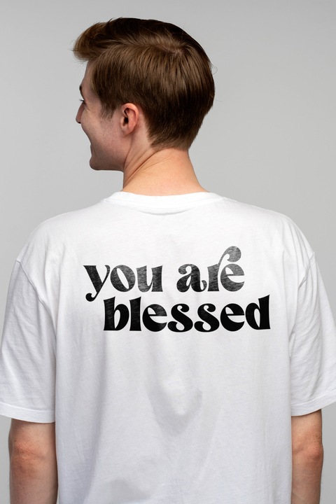Tricou Barbati cu textul in engleza "You are blessed" - tu esti binecuvantat fericire cu imprimeu pe Spate, 100% Bumbac, Alb, XL