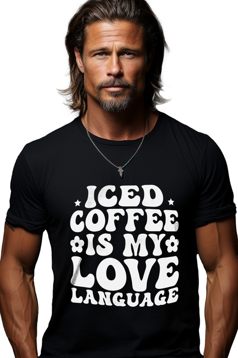 Tricou Barbati cu floricele si textul "Cafeaua cu gheata este limbajul iubirii mele" cu imprimeu pe Fata, 100% Bumbac, Negru, M