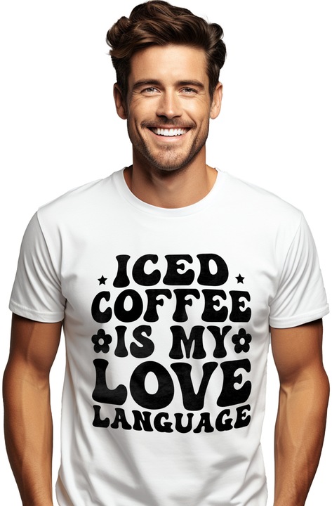 Tricou Barbati cu floricele si textul "Cafeaua cu gheata este limbajul iubirii mele" cu imprimeu pe Fata, 100% Bumbac, Alb, XS